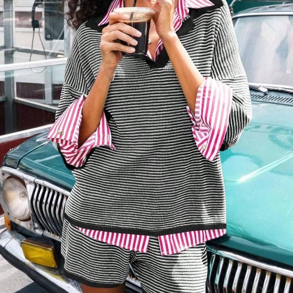White Casual Women's V Neck Sweater & Oversized Knit Top High Waisted Shorts Set